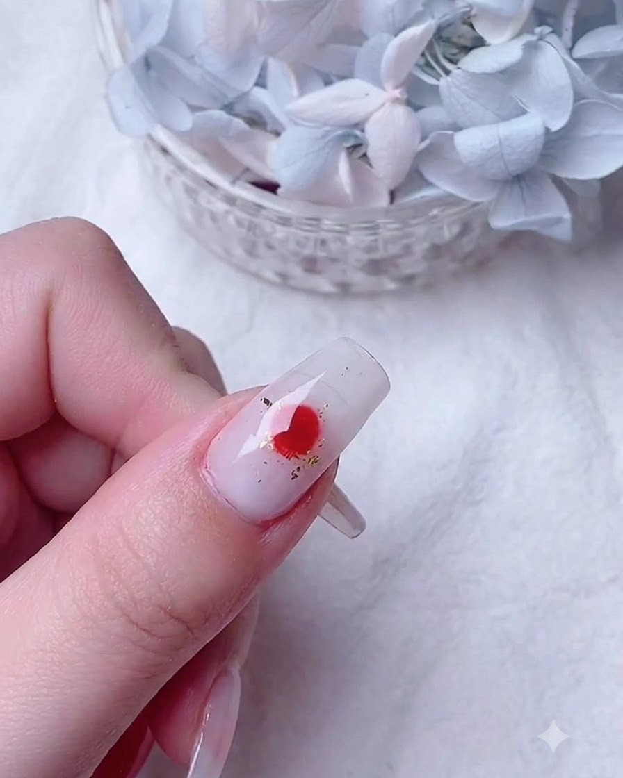 Un pinceau de détail fin déposant du gel rouge vif sur la base blooming humide pour créer des formes de pétales en expansion.
