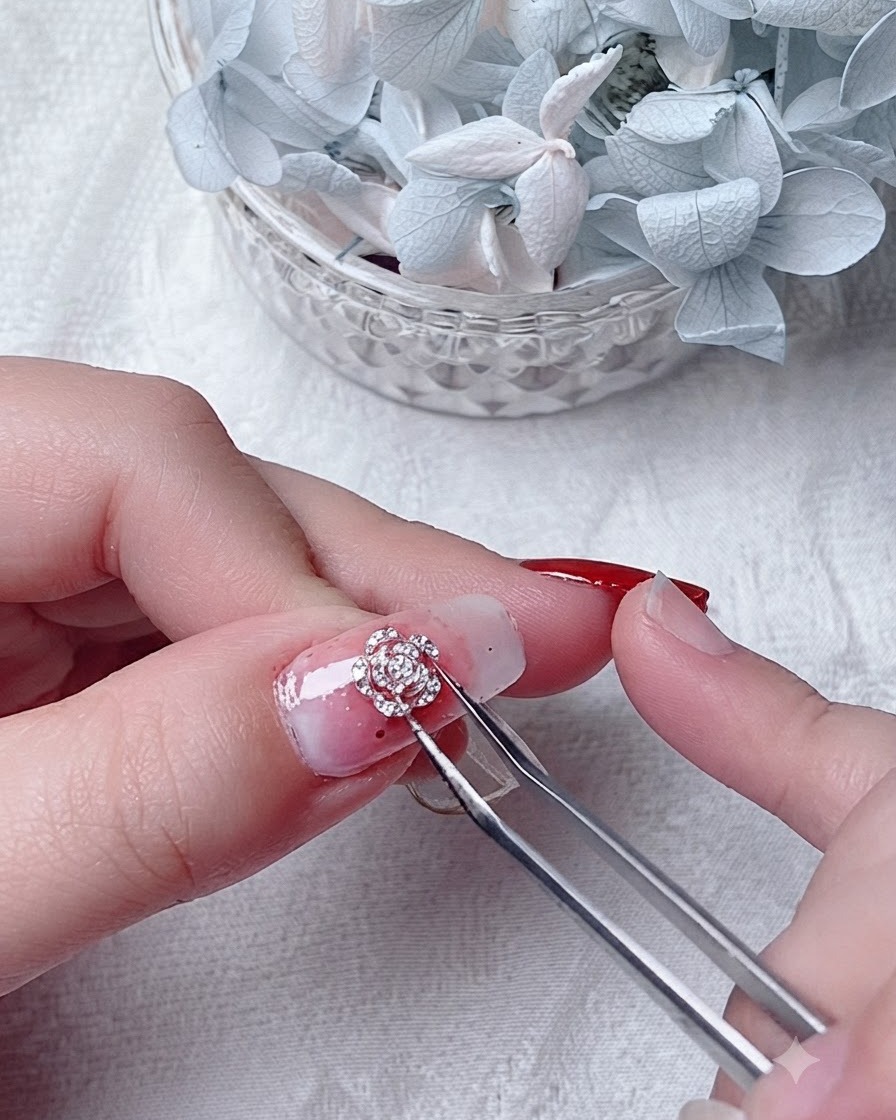Une paire de pinces tenant une décoration florale en fil métallique au-dessus dun ongle décoré.
