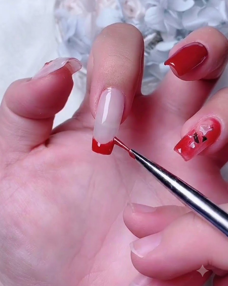 Un pinceau à ongle appliquant du gel de base blanc laiteux sur longle de lindex.