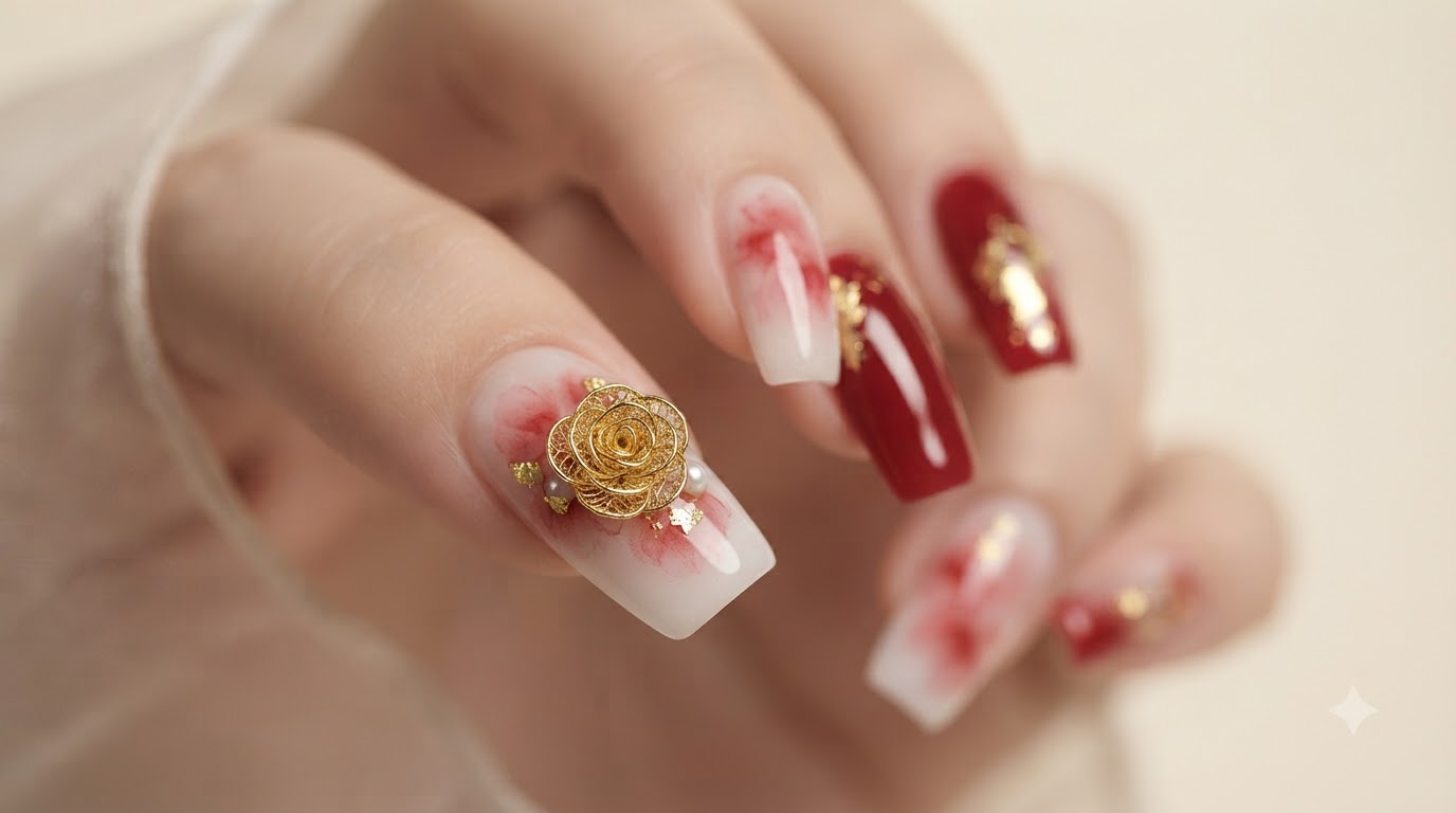 Art Ongulaire Romantique de Roses Aquarelle et Fil Doré — Tuto Étape par Étape