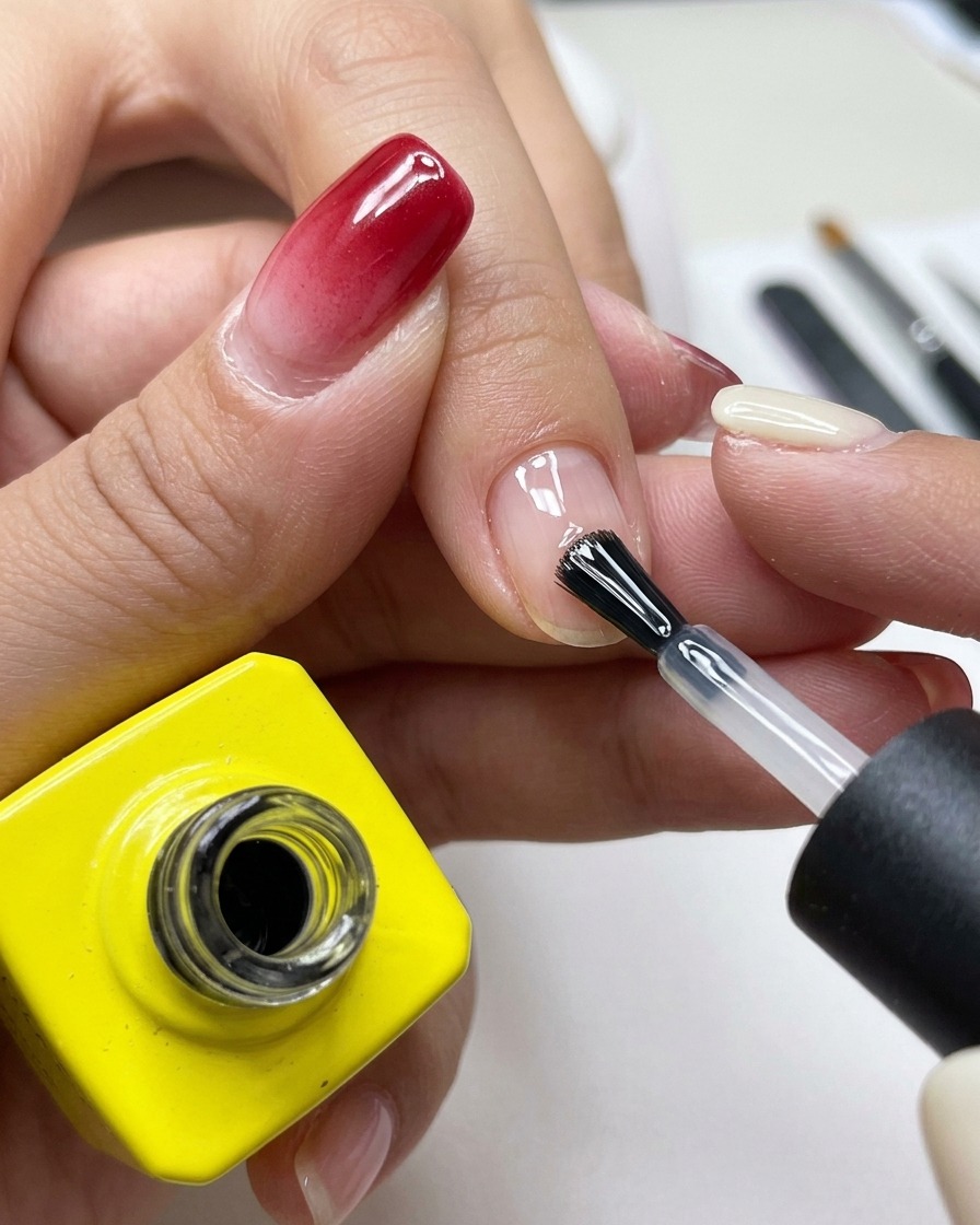 Un pinceau à ongle professionnel appliquant une base coat transparente et brillante sur un ongle naturel propre.