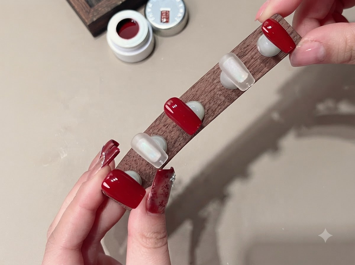 Un présentoir montrant des capsules dongles transparentes avec du gel œil-de-chat beige poudré appliqué.