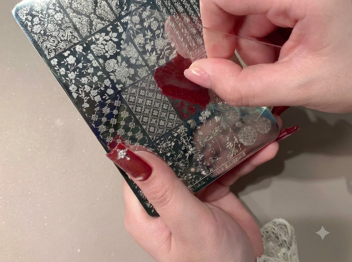 Un outil racloir éliminant lexcès de gel rouge de la surface dune plaque de stamping métallique.