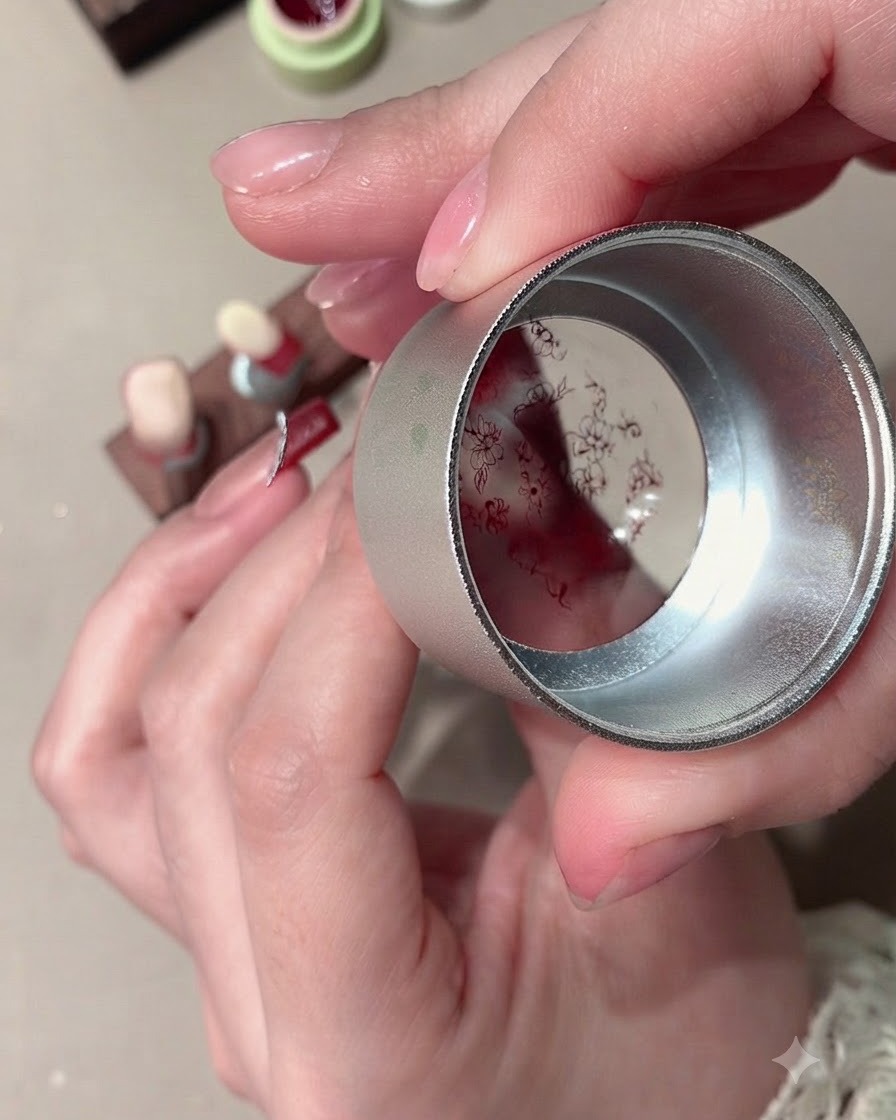 Un tampon en silicone transférant un design estampé rouge sur un ongle.