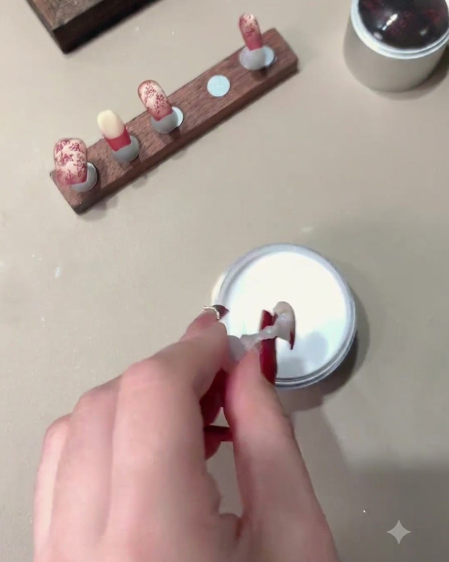 Une main trempant le bout dun ongle estampé dans un récipient de poudre de cristal blanche.