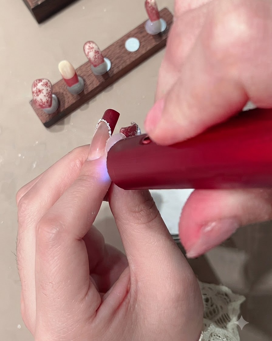 Gros plan dune main tenant une mini lampe UV rouge sur un ongle pour catalyser le gel du French tip.