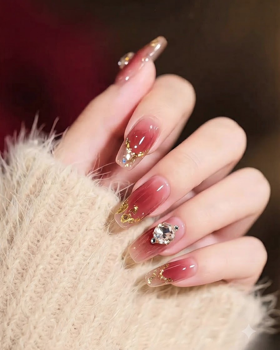 Gros plan dune main vêtue dune manche en crème diaphane montrant des ongles ombré bourgogne ornés de détails en feuille dor.