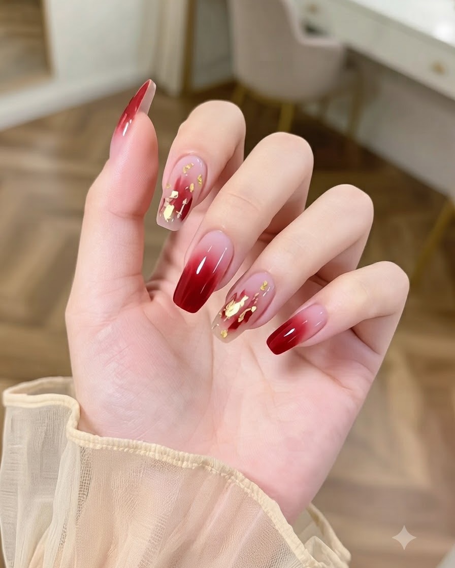 Gros plan dune main avec des ongles ombré bourgogne ornés de grappes de strass de cristal sous un éclairage de studio.