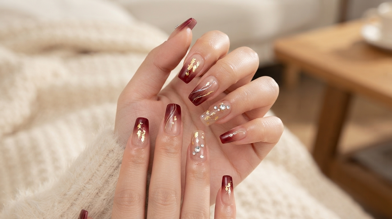 Ongles en Gel Dégradé Bourgogne et Strass pour le Nouvel An — Tutoriel Étape par Étape