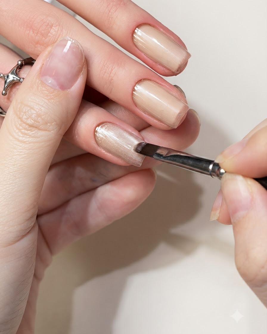 Vue rapprochée dun pinceau à ongles appliquant un gel cat-eye clair et scintillant sur longle dune cliente.
