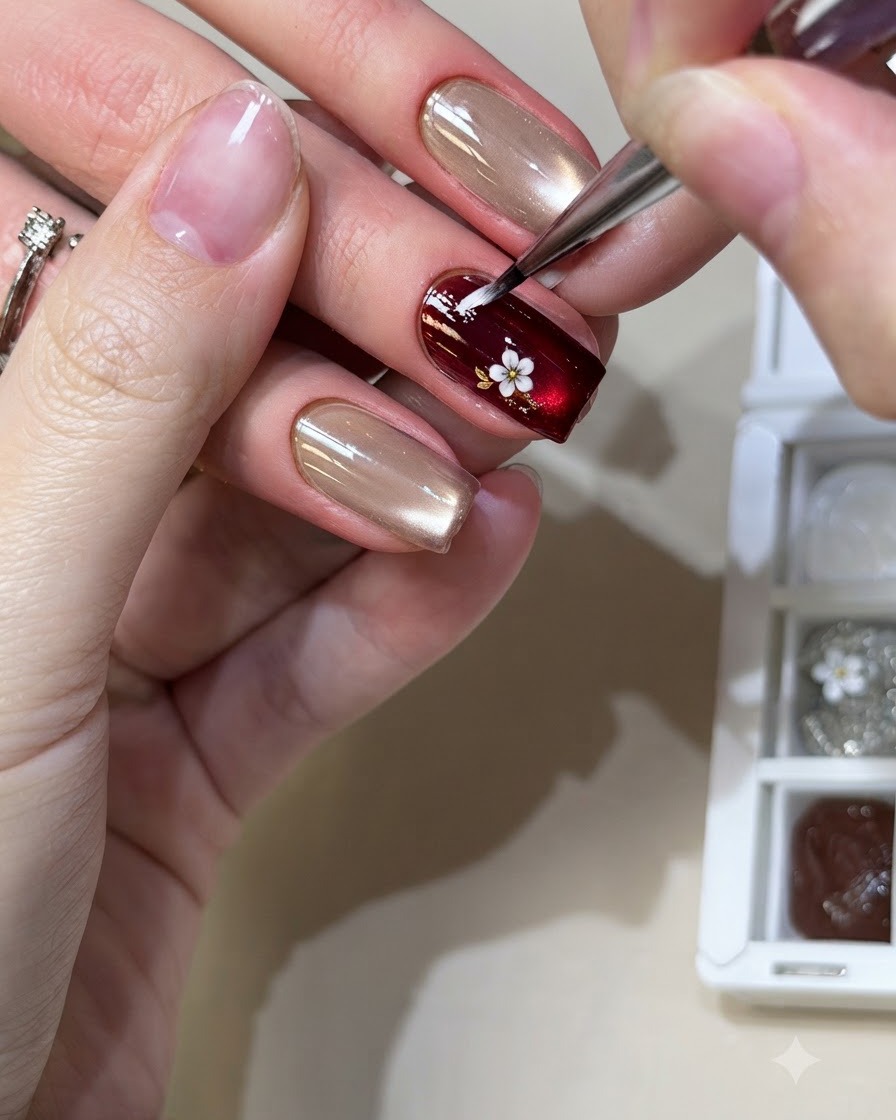 Un pinceau fin peignant de petits pétales de fleurs blanches sur un ongle bordeaux foncé et en feuille dor.