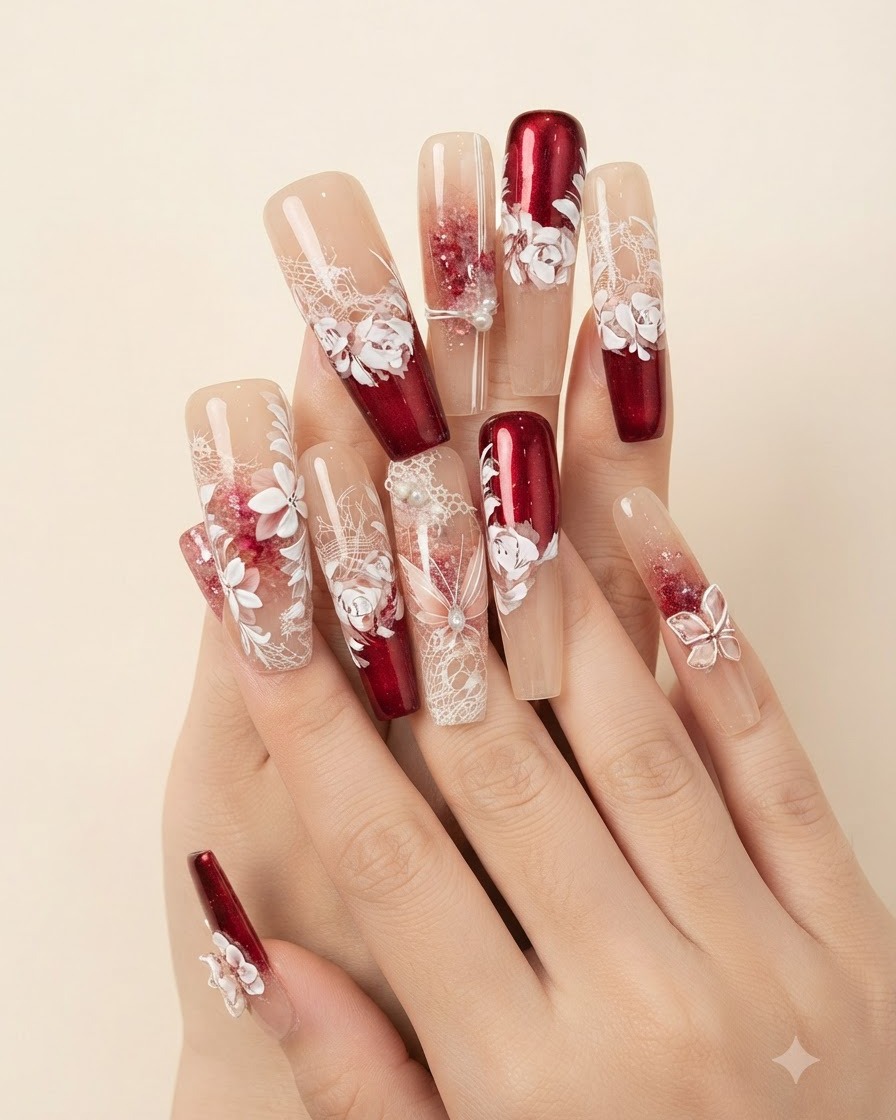Un pinceau appliquant une couche transparente de gel de renforcement souple sur un nail art floral détaillé.