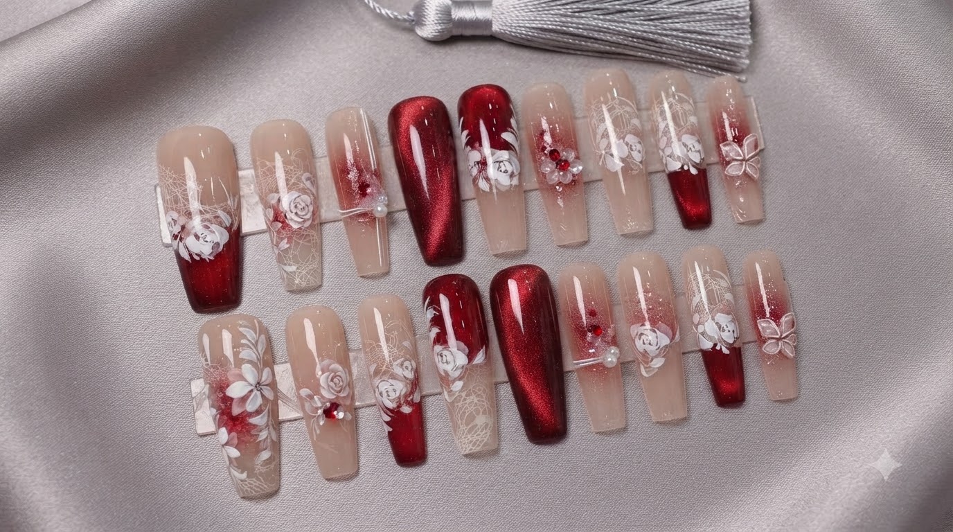 Ongles Press-On Fleurs de Dentelle Rouge et Blanche Nuit d'Été — Tutoriel Pas à Pas