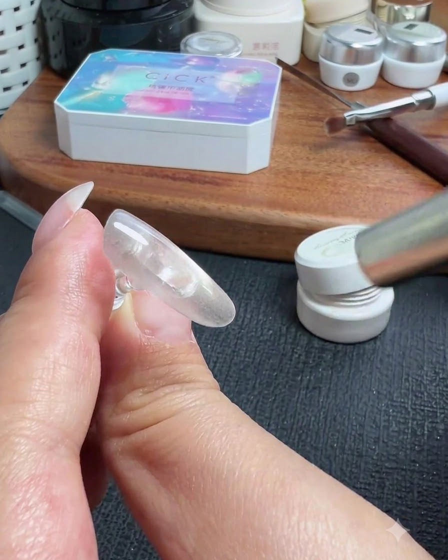 Une main tenant une fausse extension dongle sous une lampe de poche portable UV ou LED pour catalyser la couche de gel.