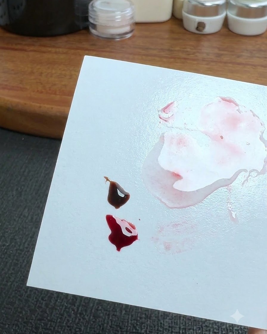 Une palette de mélange blanche montrant de petites touches de vernis gel brun foncé et rouge translucide riche à côté de zones mélangées.