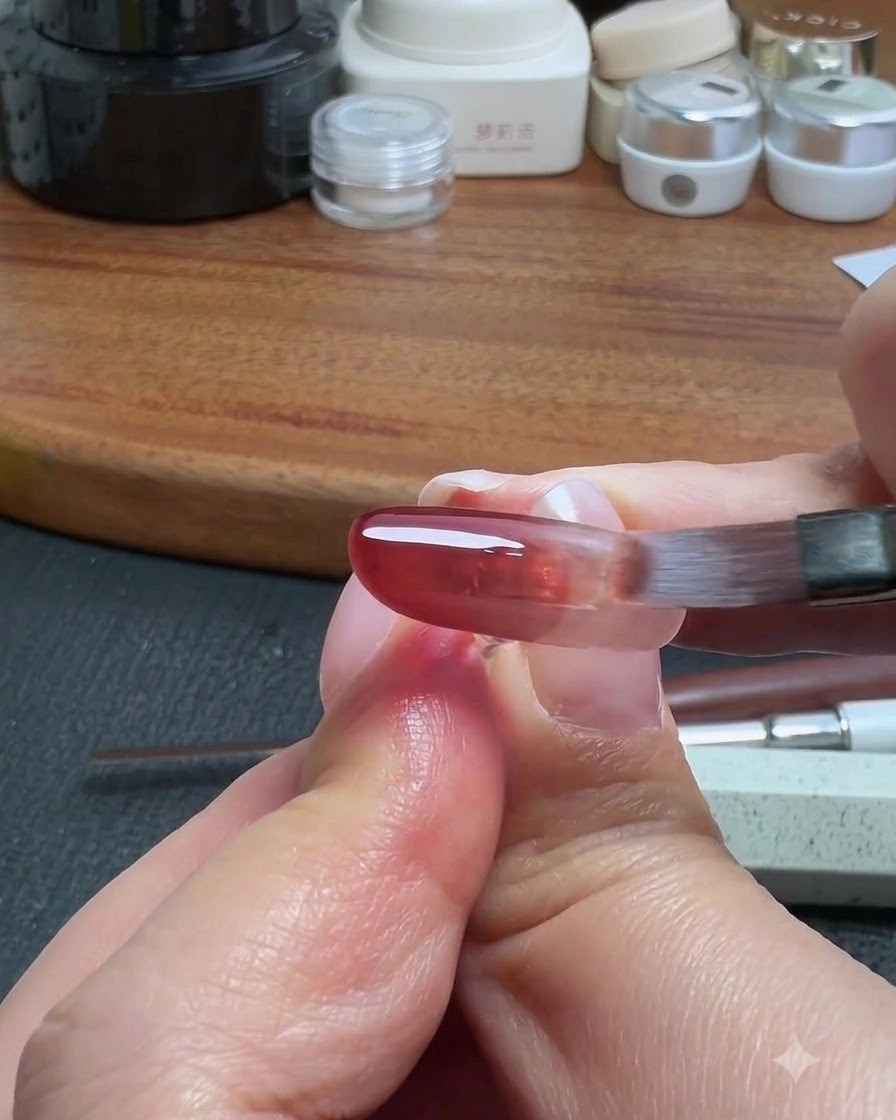 Un pinceau à nail art propre estompant délicatement les bords de lapplication de gel rouge sur la surface de longle artificiel.