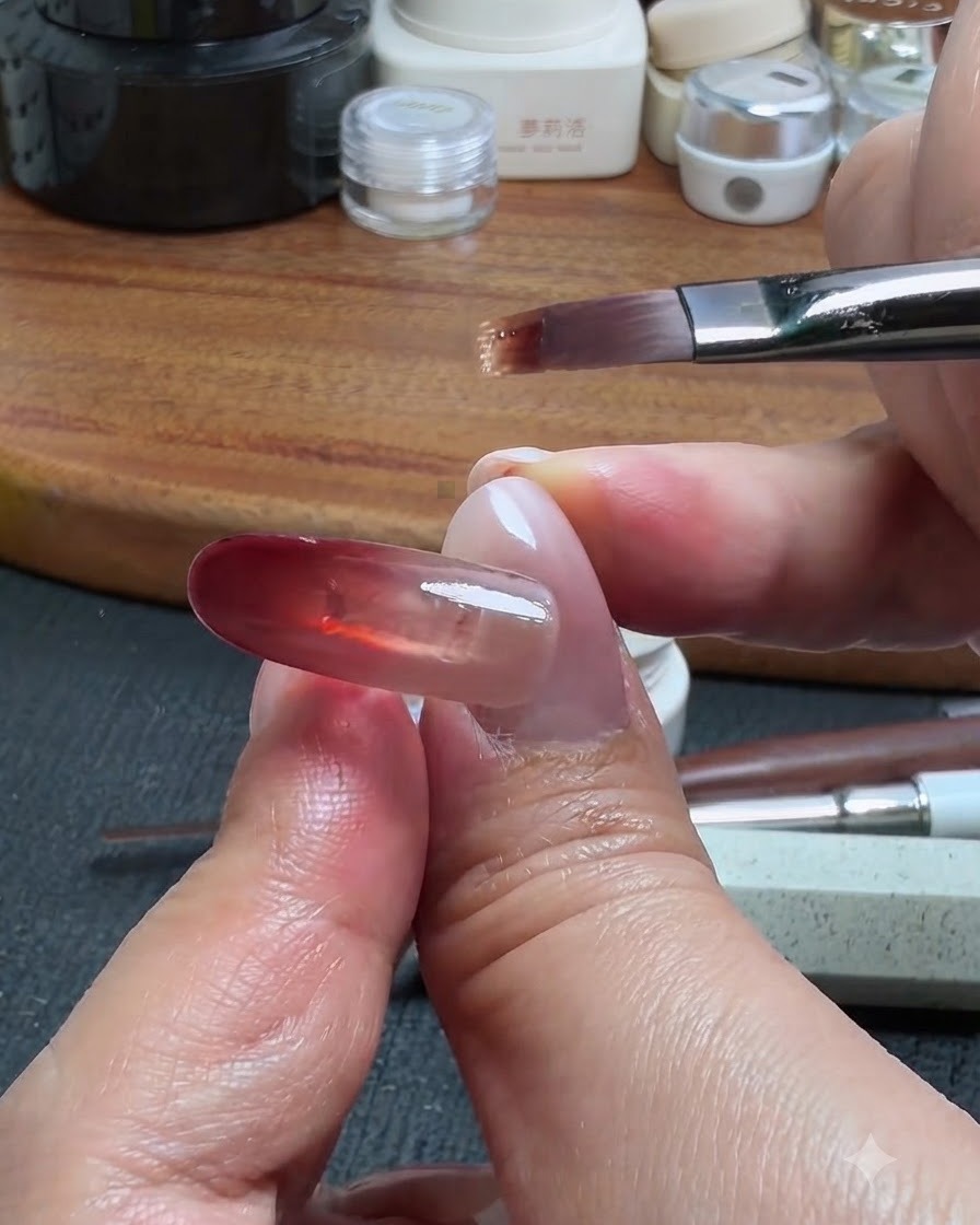 Un pinceau à ongle prélevant une quantité infime de gel de base pour létirer vers le haut à partir du bloc rouge, créant un effet de dégradé ombré.