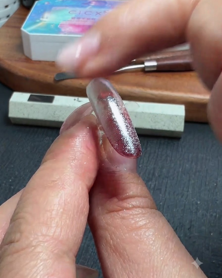Un doigt tamponnant de la poudre chrome transparente sur la surface dun ongle brillant.
