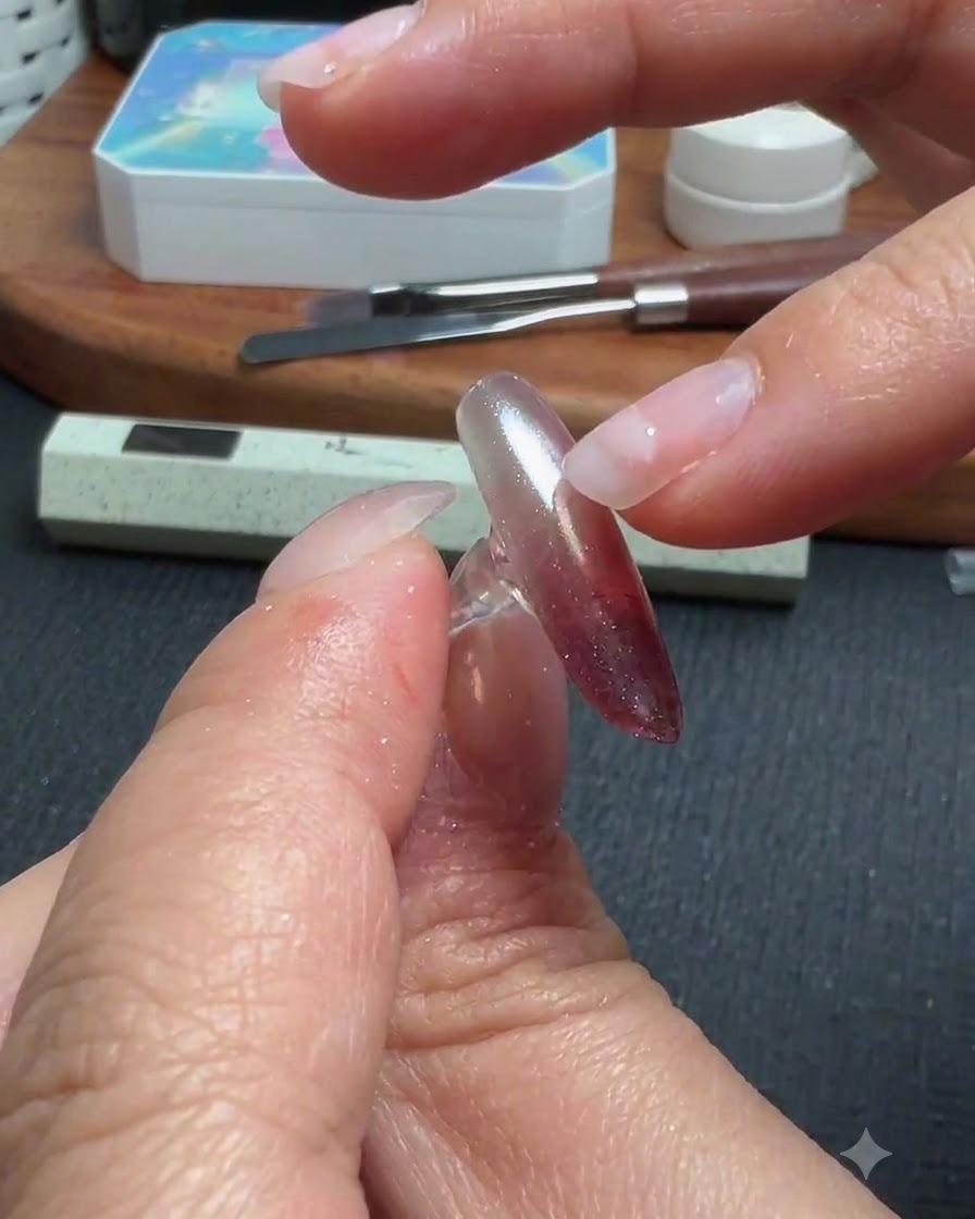 Un doigt propre frottant et lissant la poudre chrome sur un ongle manucuré.