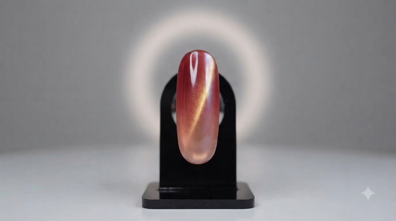 Ongles en Gel Thé Rouge Glacé Translucide et Œil de Chat Doré — Tutoriel Nouvel An