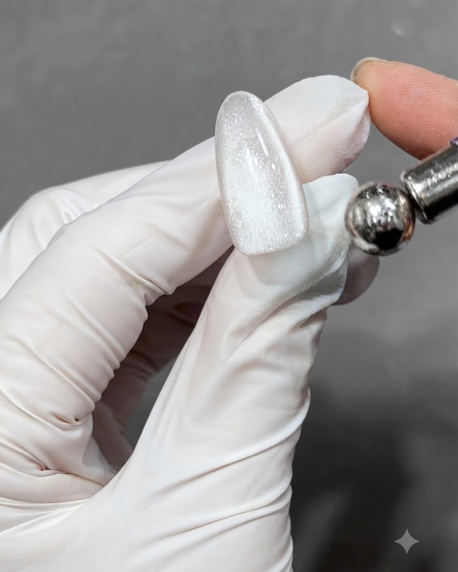 Ongle translucide catalysé affichant une large bande de lumière chatoyante créée par les particules de gel cat-eye.
