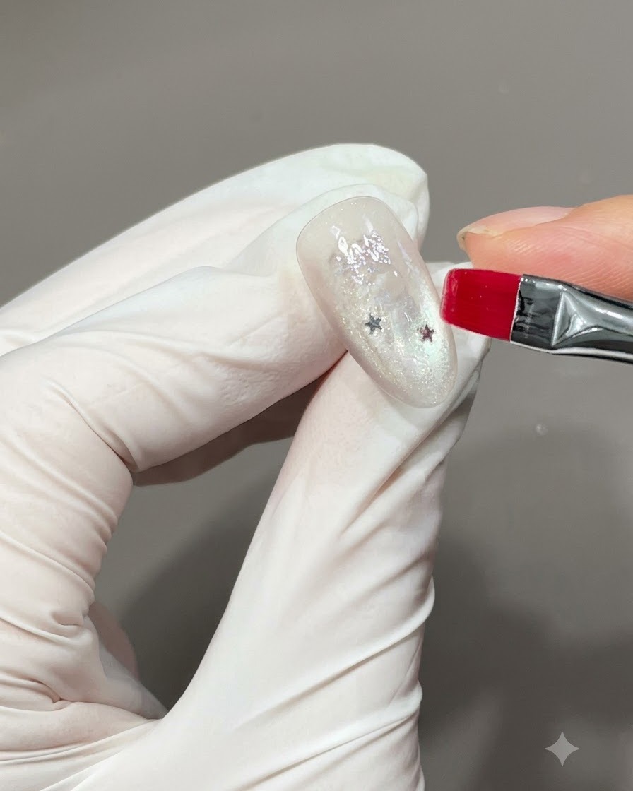 Pinceau appliquant du gel de base transparent sur un ongle pour sceller et encapsuler les appliqués détoiles incrustés.