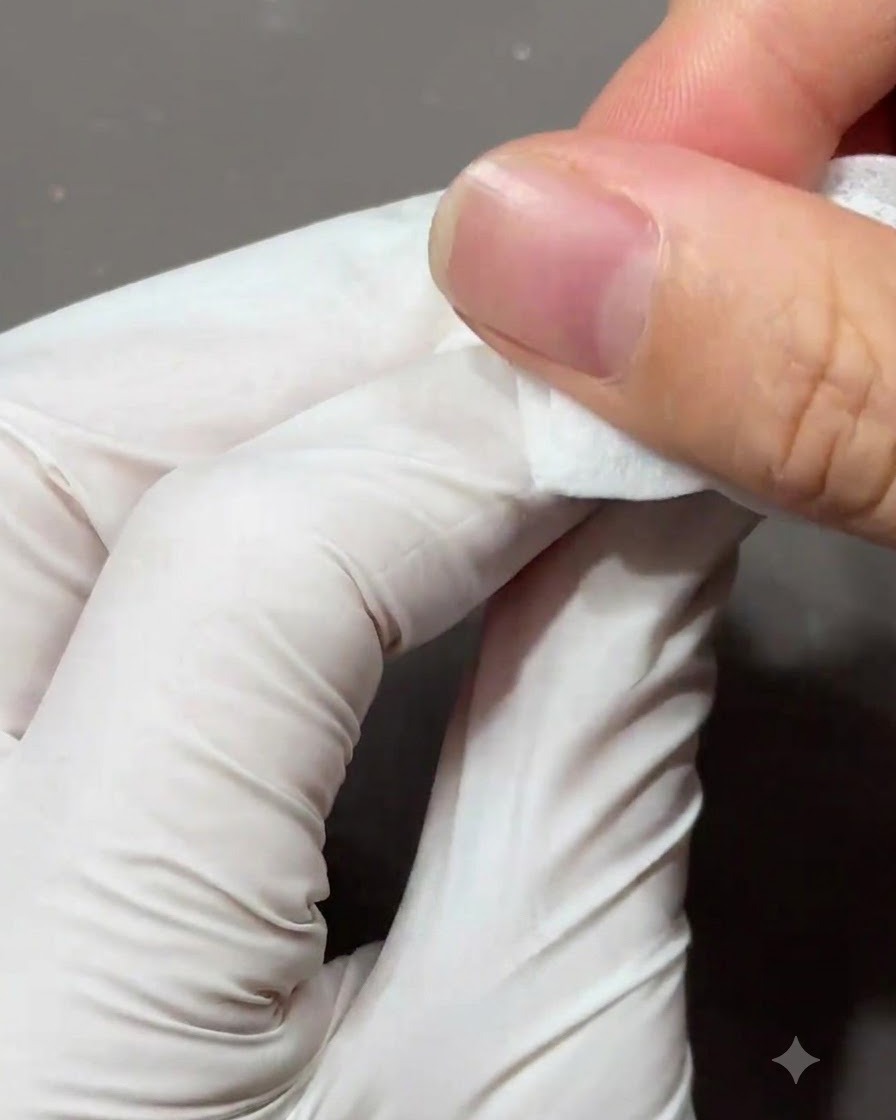 Doigt ganté utilisant une lingette nettoyante pour nettoyer la surface dun ongle.