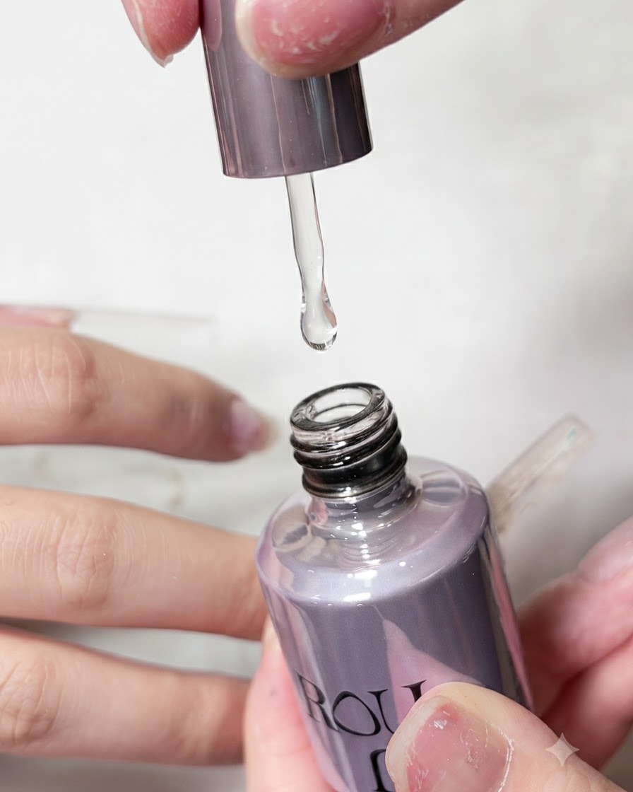 Mains tenant un flacon ouvert de colle pour ongles avec un applicateur pinceau laissant couler le produit.