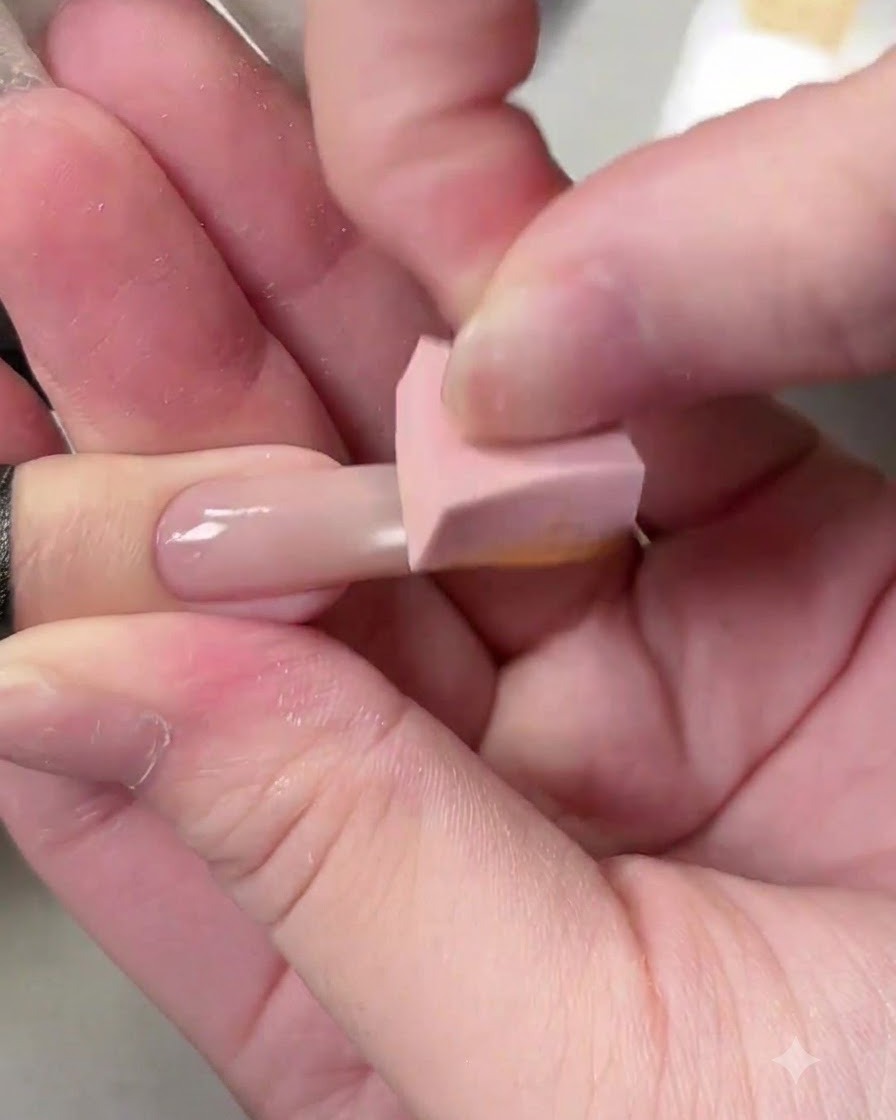 Un applicateur éponge rose tamponnant délicatement un dégradé chaud orange et jaune sur le bout dun ongle recouvert de gel.