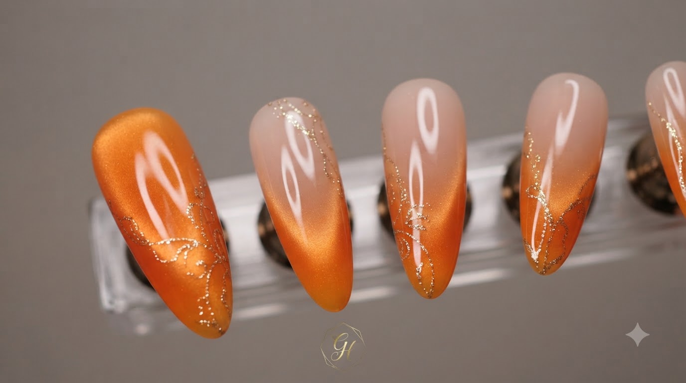 Tutoriel d'ongles amande longue dégradé orange coucher de soleil et effet œil-de-chat