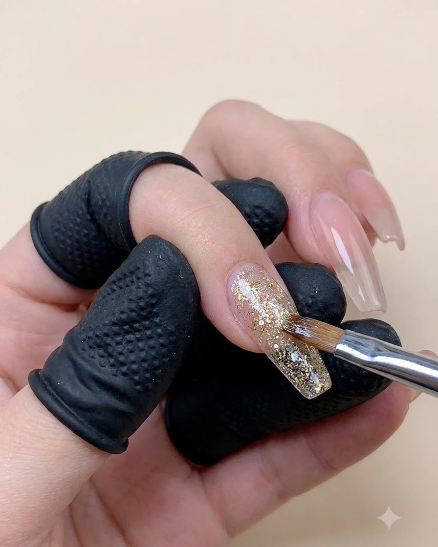 Gros plan sur une main portant des doigts de protection noirs utilisant un pinceau fin pour déposer des paillettes dorées et holographiques sur un faux ongle transparent.