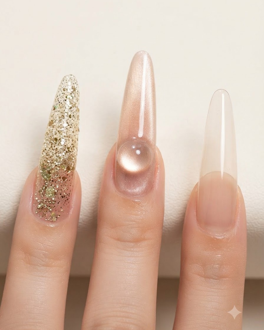 Vue de dessus de trois ongles longs façonnés, dont le majeur présente une sphère lumineuse cat eye très marquée.