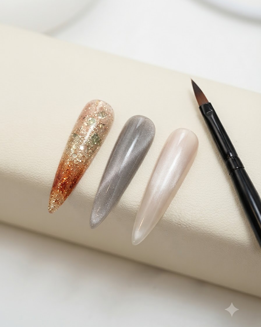 Présentoir de capsules de démonstration montrant un dégradé orange, un effet cat eye et une teinte nude-orange à côté dun pinceau fin.