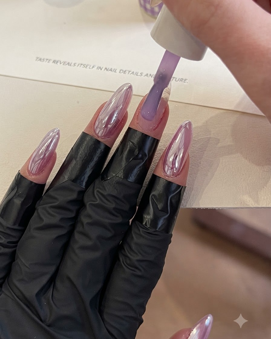 Un pinceau appliquant un gel violet translucide clair sur un ongle.