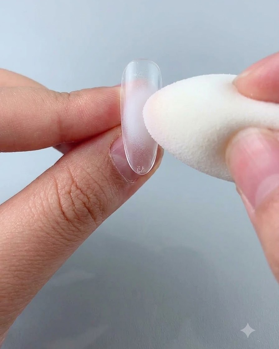 Une éponge cosmétique tamponnant délicatement une couleur rose blush douce au centre dune capsule dongle artificielle transparente.