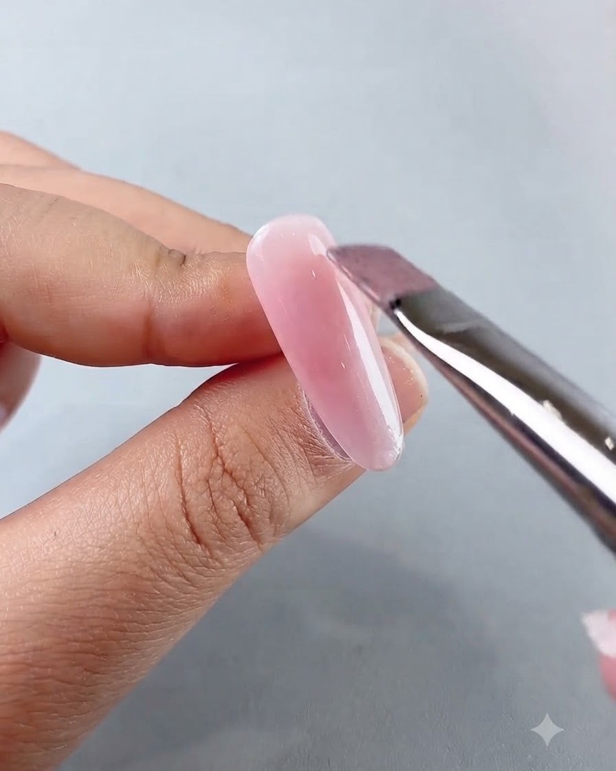 Un pinceau à ongles appliquant une couche de gel cat-eye transparent et scintillant sur la base dongle rose.