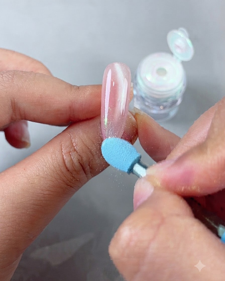 Un applicateur éponge bleu pour fard à paupières tamponnant de la poudre miroir magique irisée sur le bout dun ongle cat-eye rose.