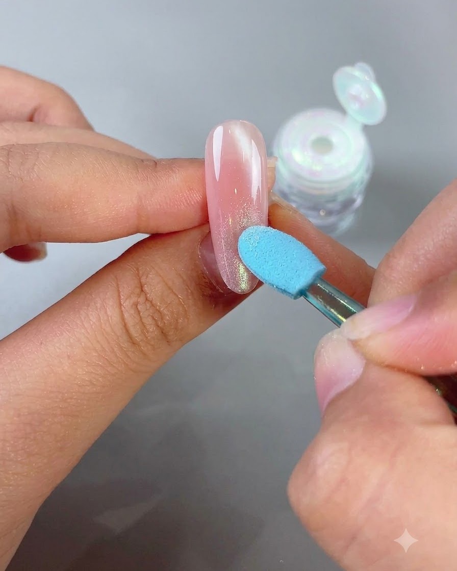 Un applicateur en mousse bleu polissant délicatement la poudre miroir magique sur le bout dun ongle rose en amande pour créer un effet ombré.