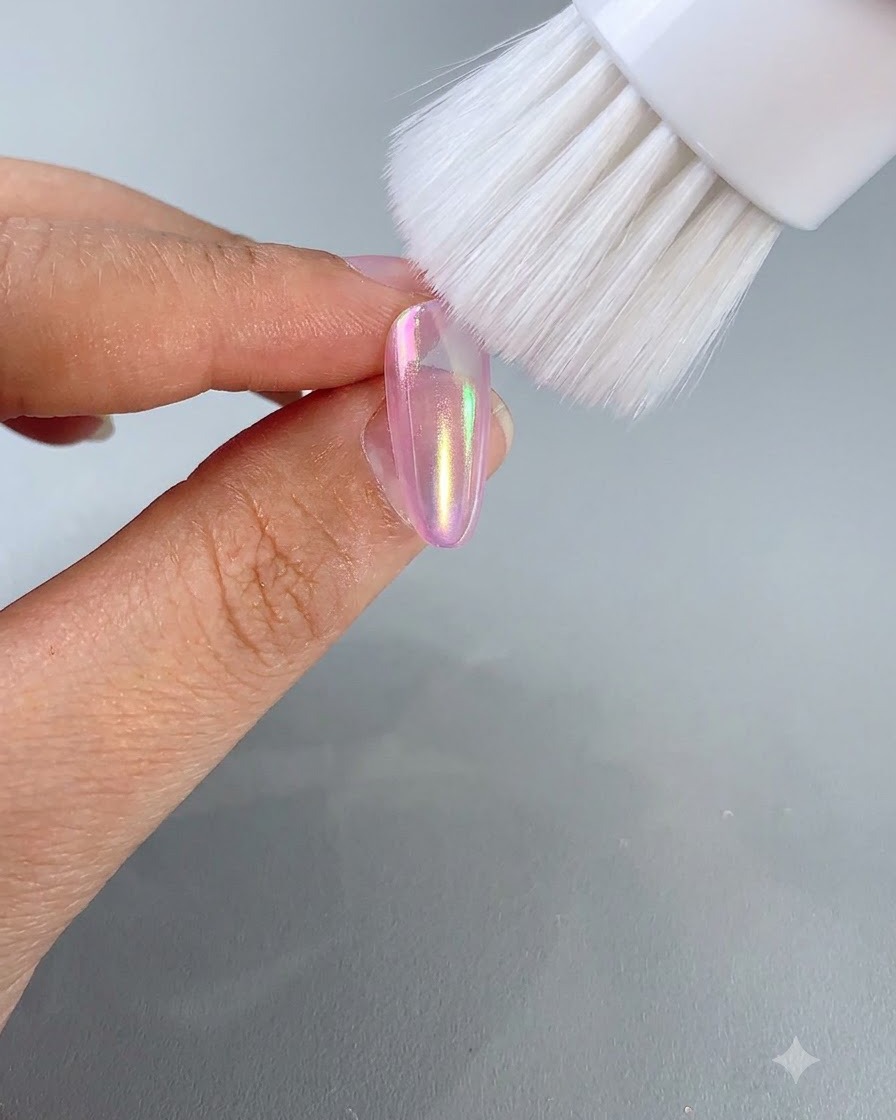 Un pinceau à poussière cosmétique blanc balayant la poudre irisée en trop dun ongle dégradé terminé.