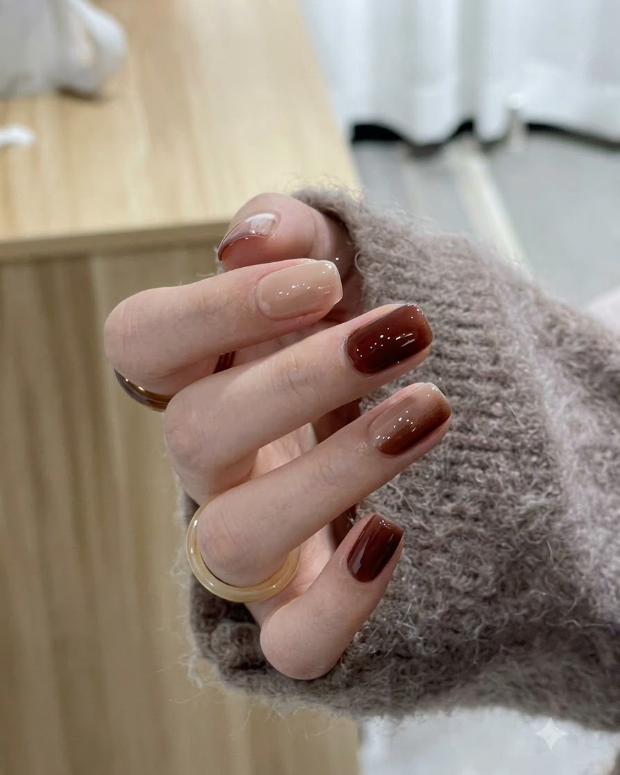 Gros plan dune main se faisant appliquer un top coat brillant transparent sur des ongles en dégradé caramel et ambre terminés.
