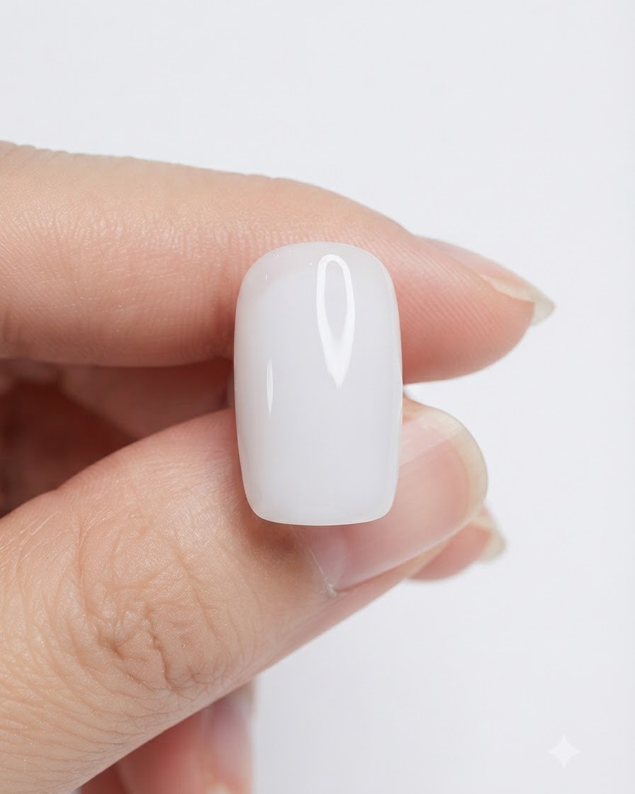 Vue rapprochée dun doigt présentant une surface dongle blanc lait parfaitement lisse et catalysée.
