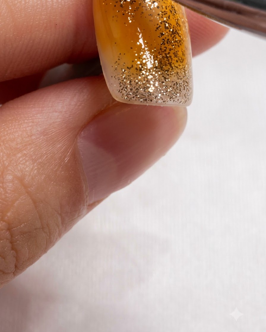 Un pinceau superposant un mélange aquarelle marron ambré chaud sur la zone dongle pailletée dor.