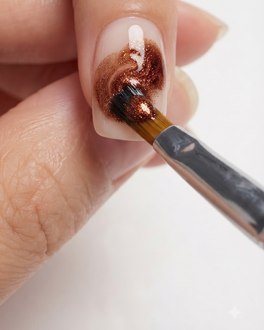 Gros plan détaillé dun pinceau à ongles mélangeant des nuances chaudes caramel et ambre sur un ongle manucuré.
