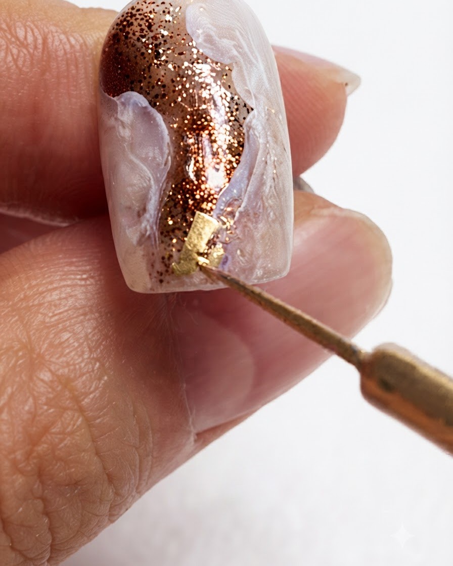 Un outil de précision positionnant de petits morceaux de feuille dor chatoyante sur un design dongle texturé.