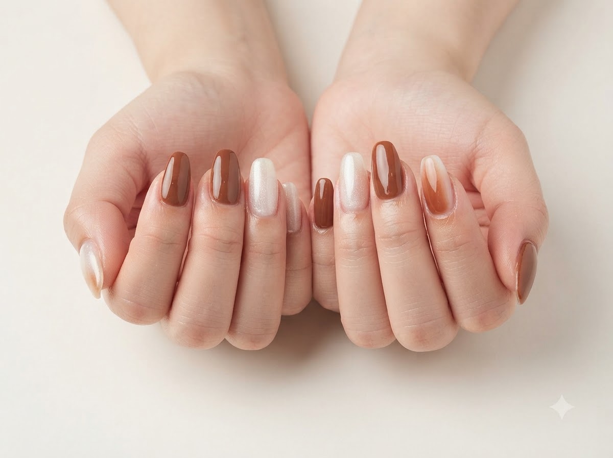 Gros plan affichant des ongles blanc laiteux translucides avec des reflets magnétiques à côté dongles caramel unis.