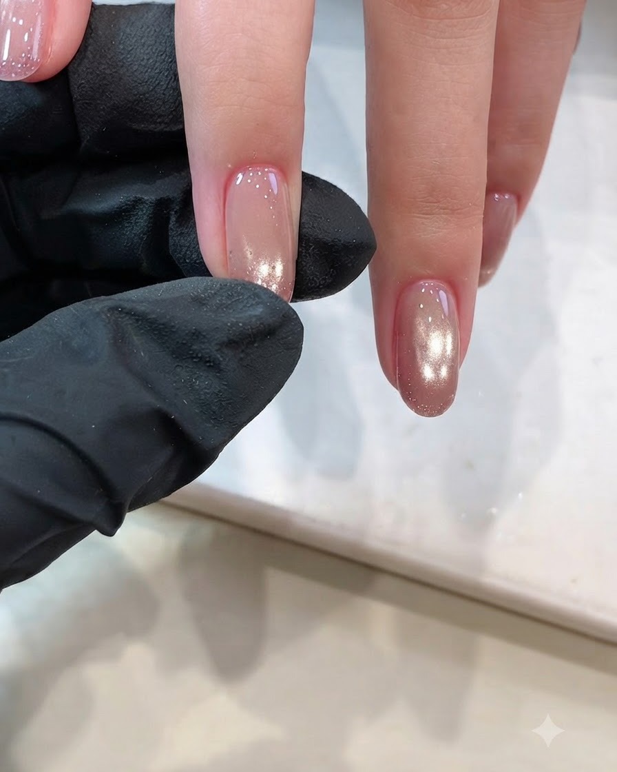 Application dun vernis gel œil de chat magnétique sur la couleur de base pour un effet aurora.