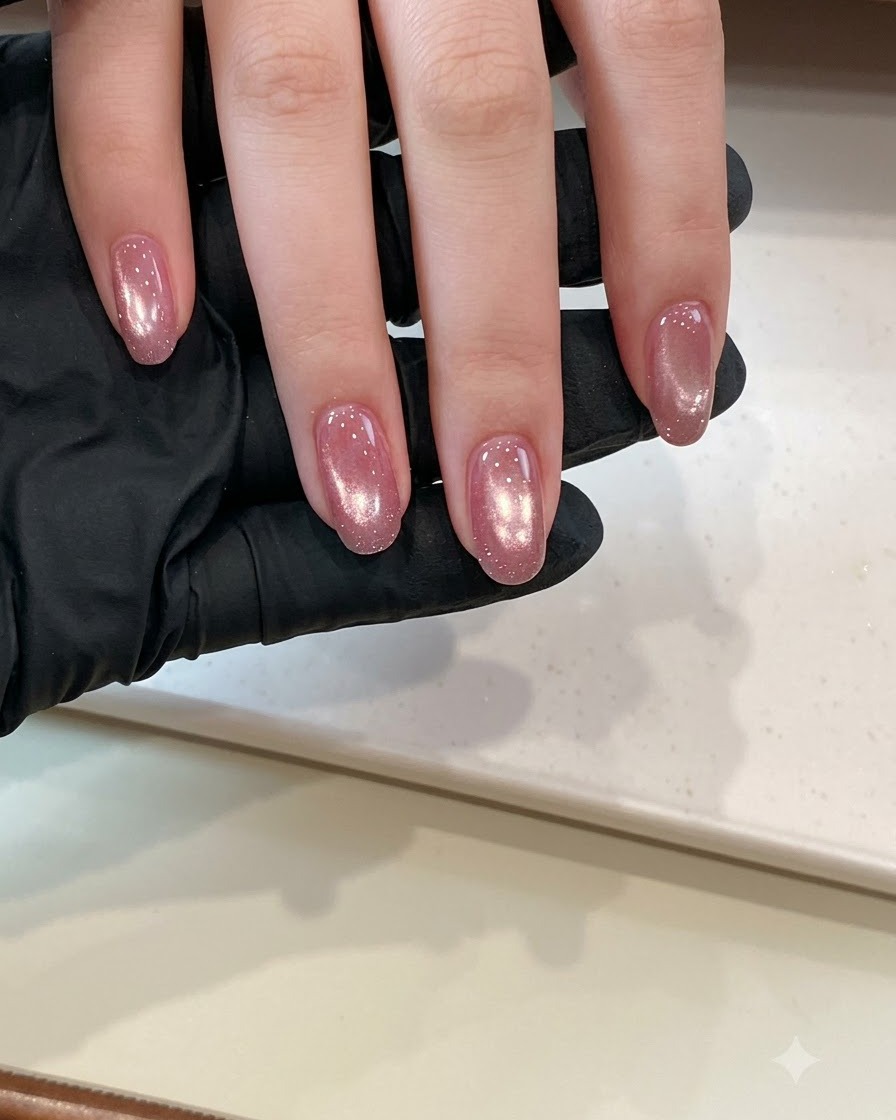 Gros plan dune main déposant délicatement des paillettes irisées effet verre pilé sur le milieu et le bord libre dun onglet en gel rose.