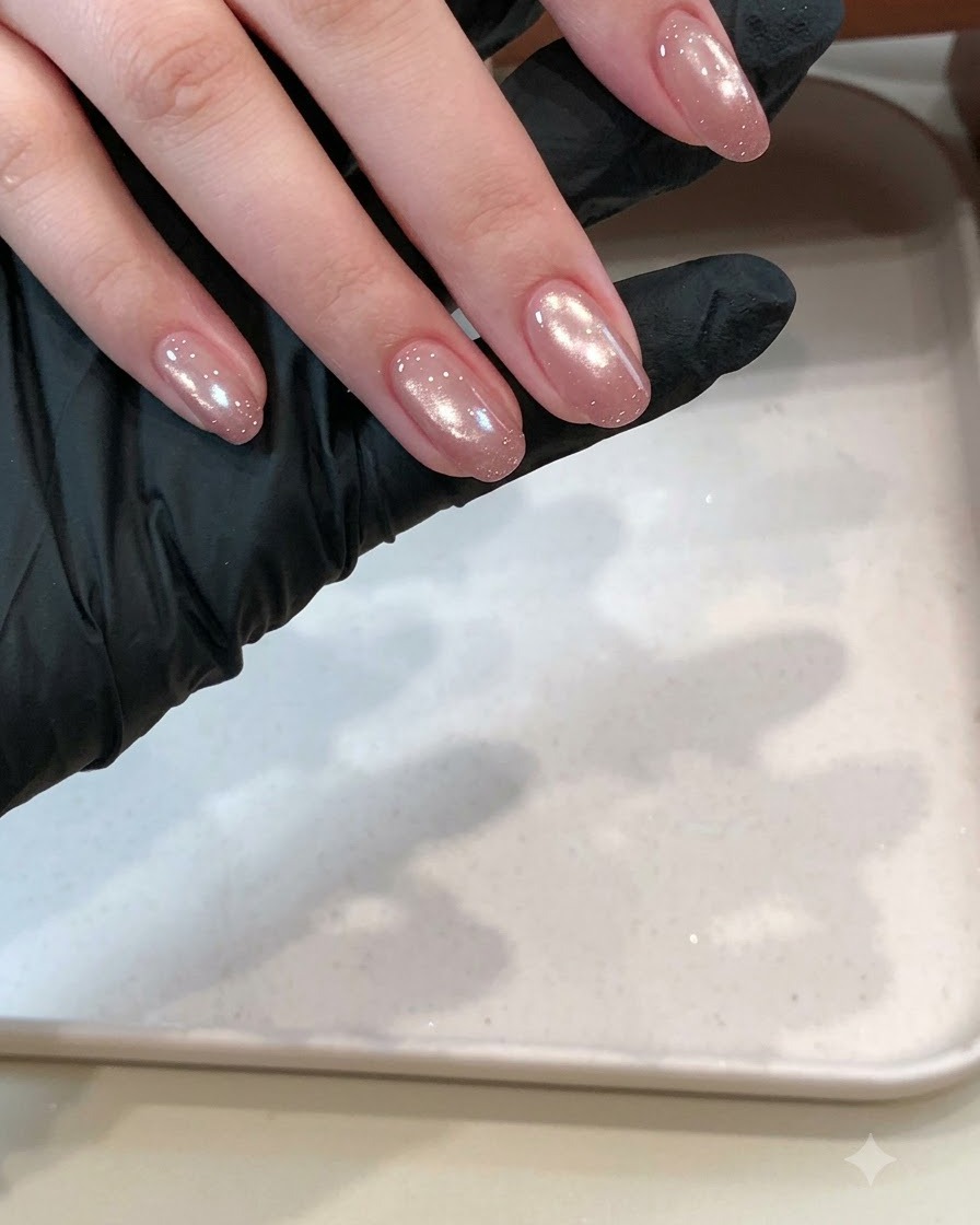 Un pinceau à ongles glissant un top coat épais et brillant sur un design dongle pailleté texturé avant de catalyser sous une lampe.