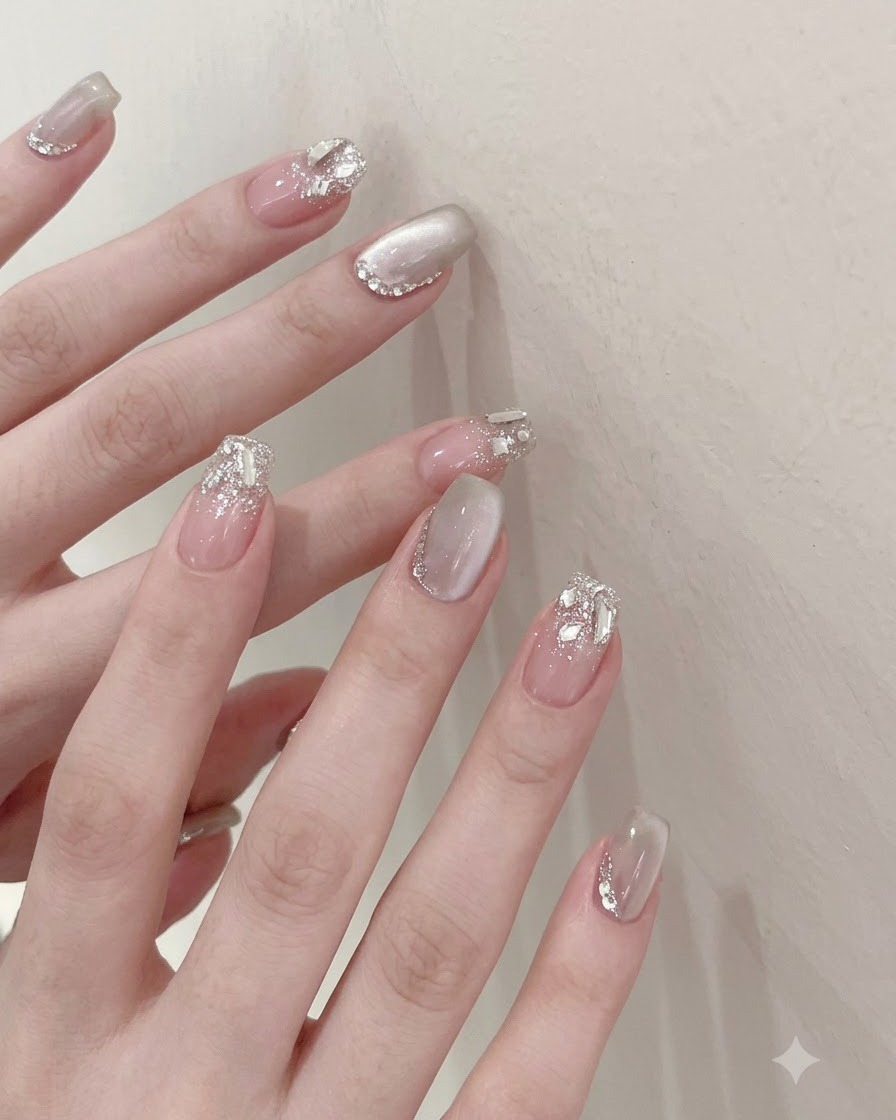 Gros plan dune main recevant une fine couche de vernis de base transparent sur les ongles.