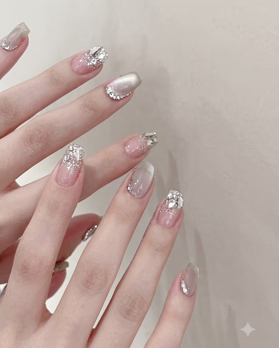 Un pinceau de vernis gel appliquant un gel cat-eye moonlight translucide et scintillant sur un ongle carré naturel.
